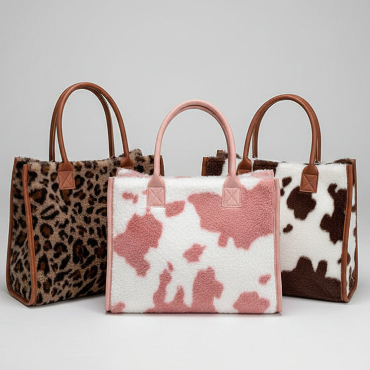 Korean style large capacity plush tote bag with leopard print design and soft shoulder straps for women