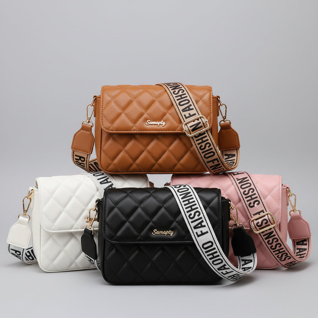 Ladies quilted chain crossbody bag with diamond pattern and PU leather shoulder handbag design