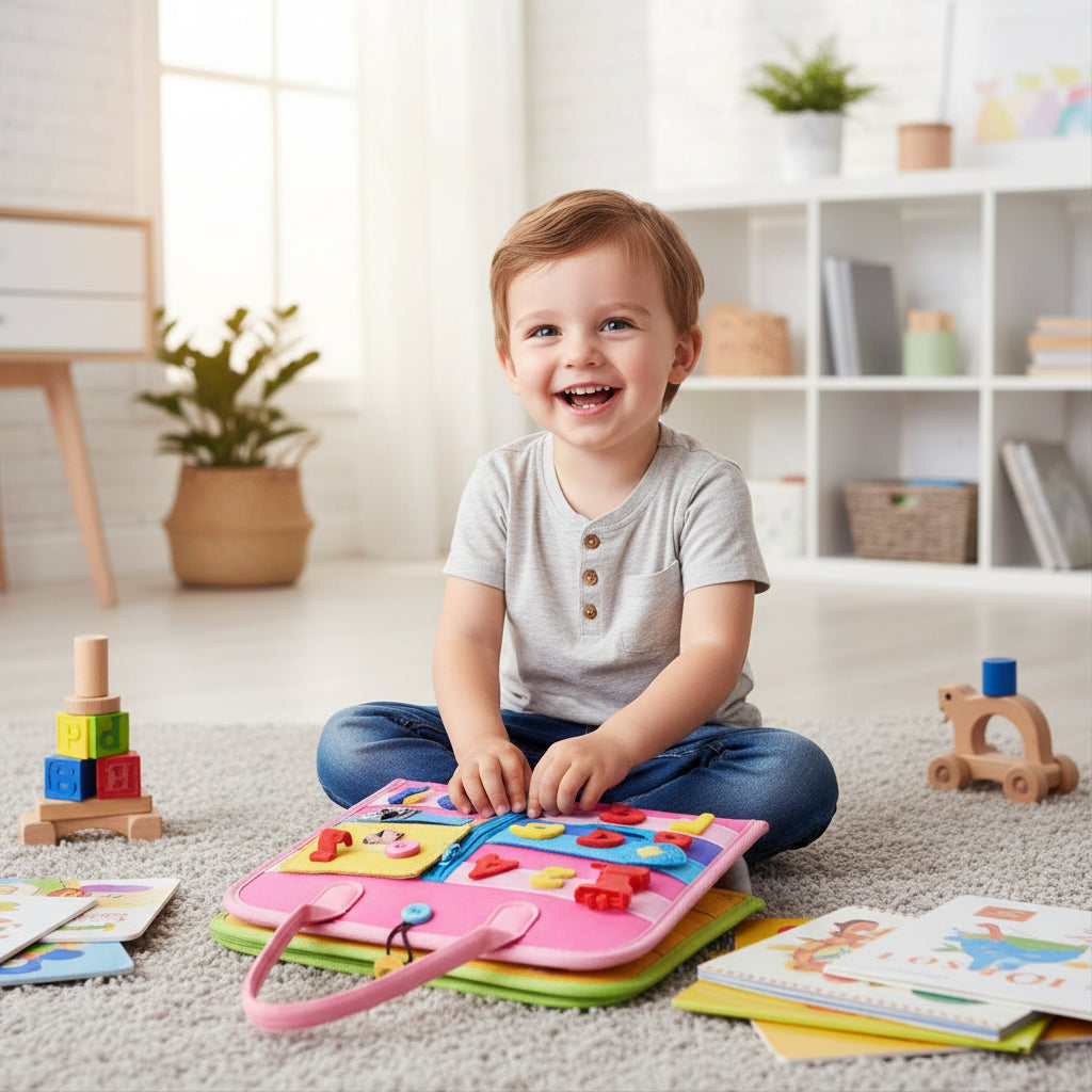 Montessori kids busy board sensory activity toy with buckles, zippers, buttons, and learning activities for toddlers ages 1-6