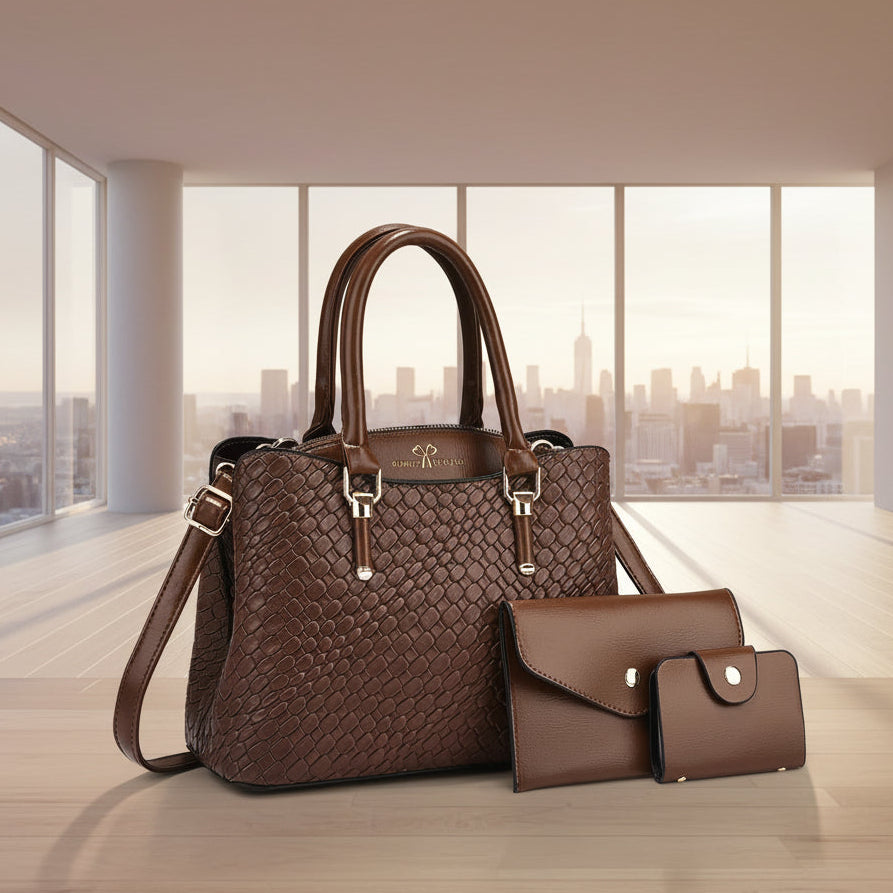 Women's 3-piece woven handbag set with large shoulder bag, crossbody purse, and organizer pouch in premium PU leather